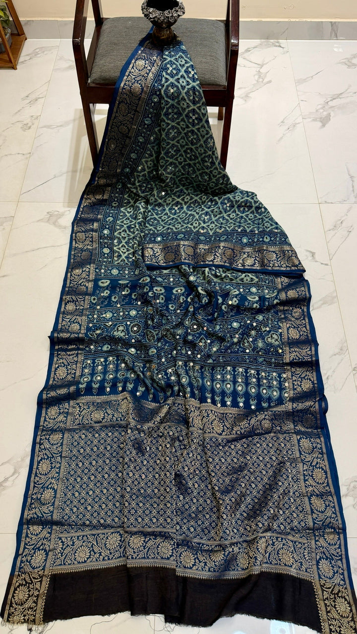 Teal Blue & Sage Green Pure Dola Silk Ajrakh Saree with Traditional Mirror Handwork