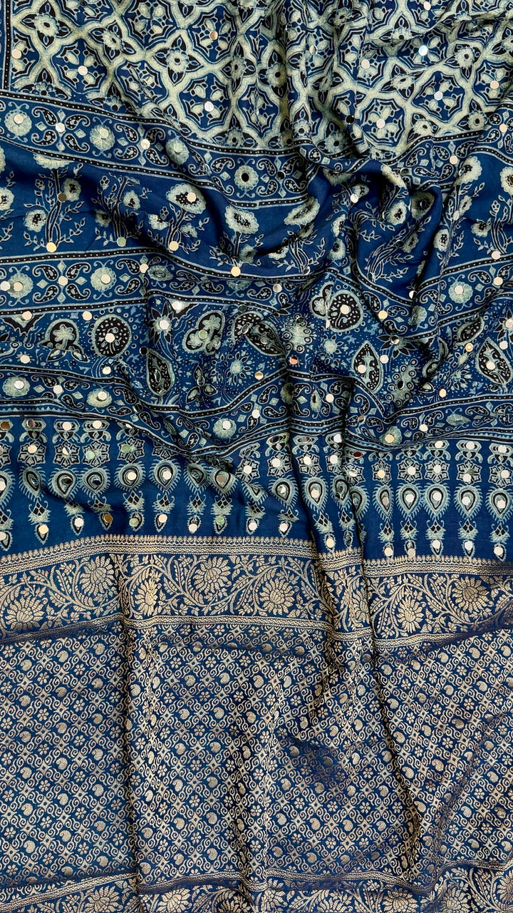 Teal Blue & Sage Green Pure Dola Silk Ajrakh Saree with Traditional Mirror Handwork