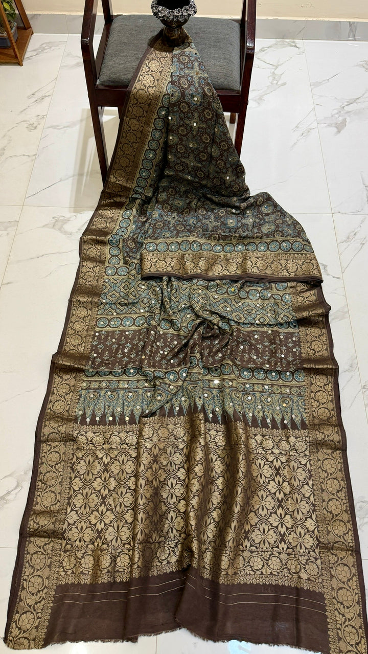 Earthy Brown & Olive Pure Dola Silk Ajrakh Saree with Traditional Mirror Handwork