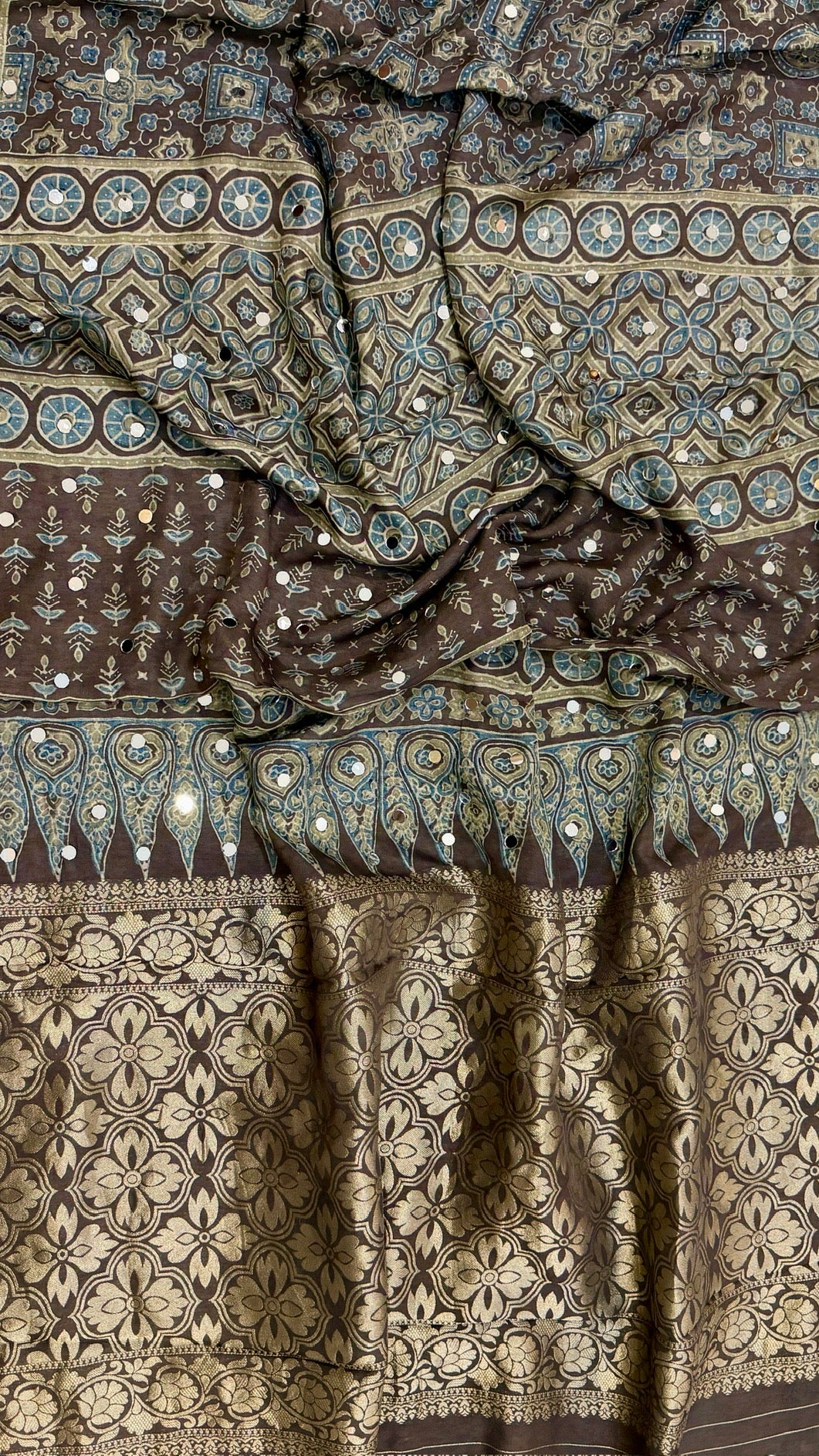 Earthy Brown & Olive Pure Dola Silk Ajrakh Saree with Traditional Mirror Handwork