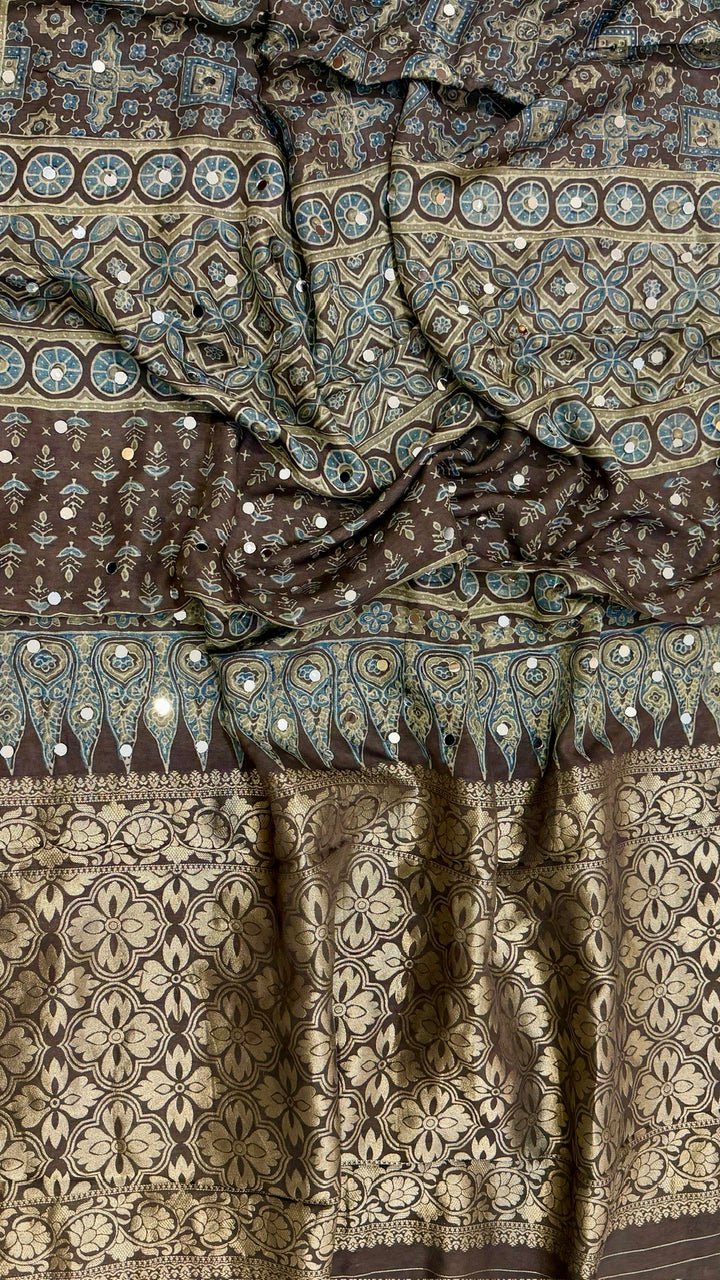 Earthy Brown & Olive Pure Dola Silk Ajrakh Saree with Traditional Mirror Handwork