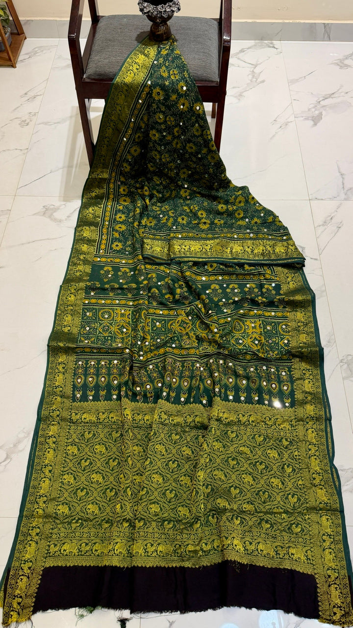 Forest Green & Mustard Pure Dola Silk Ajrakh Saree with Traditional Mirror Handwork