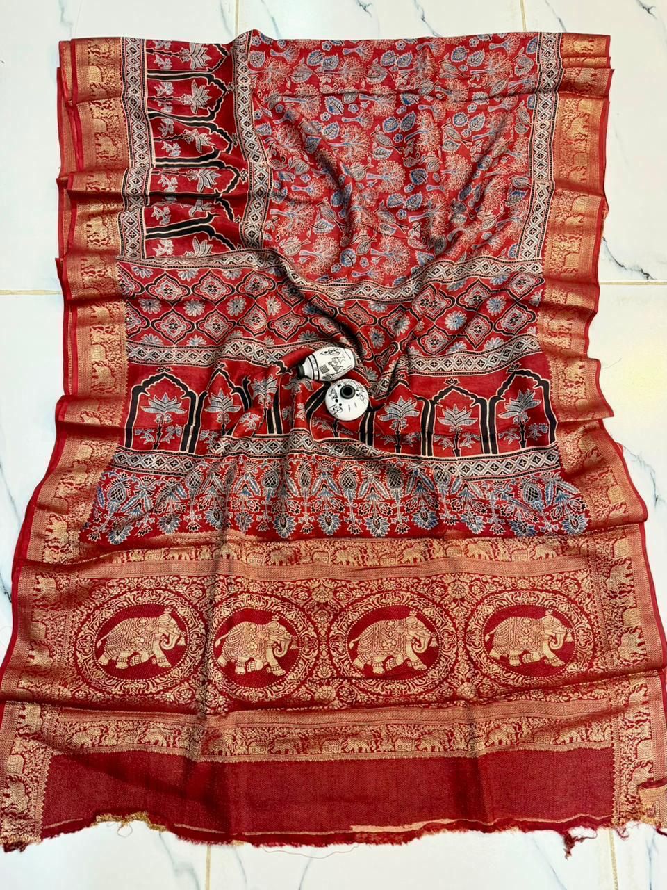 Vibrant Red Dola Silk Saree with Mughal Arch Prints