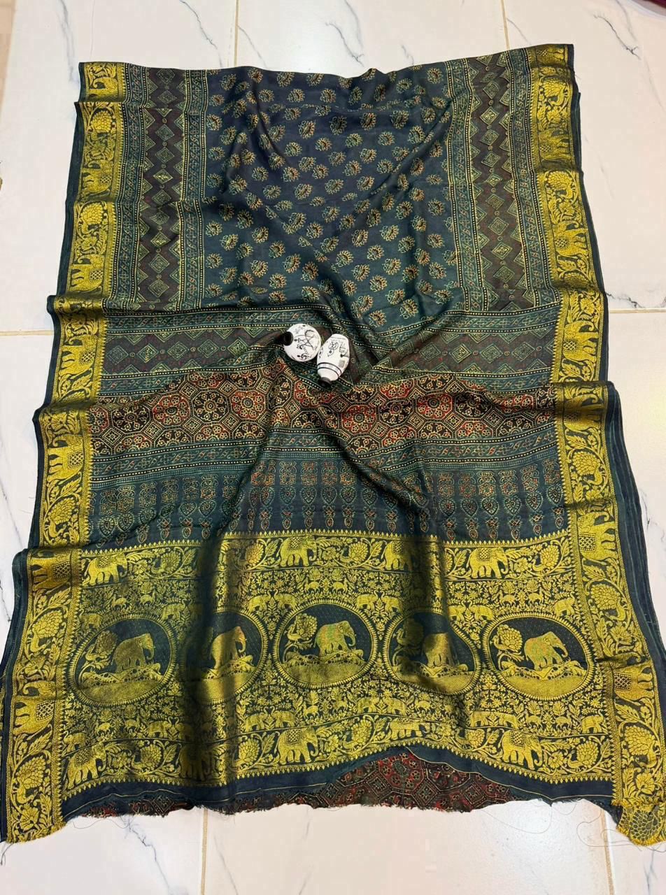 Midnight Charcoal Dola Silk Saree with Golden Elephant Border