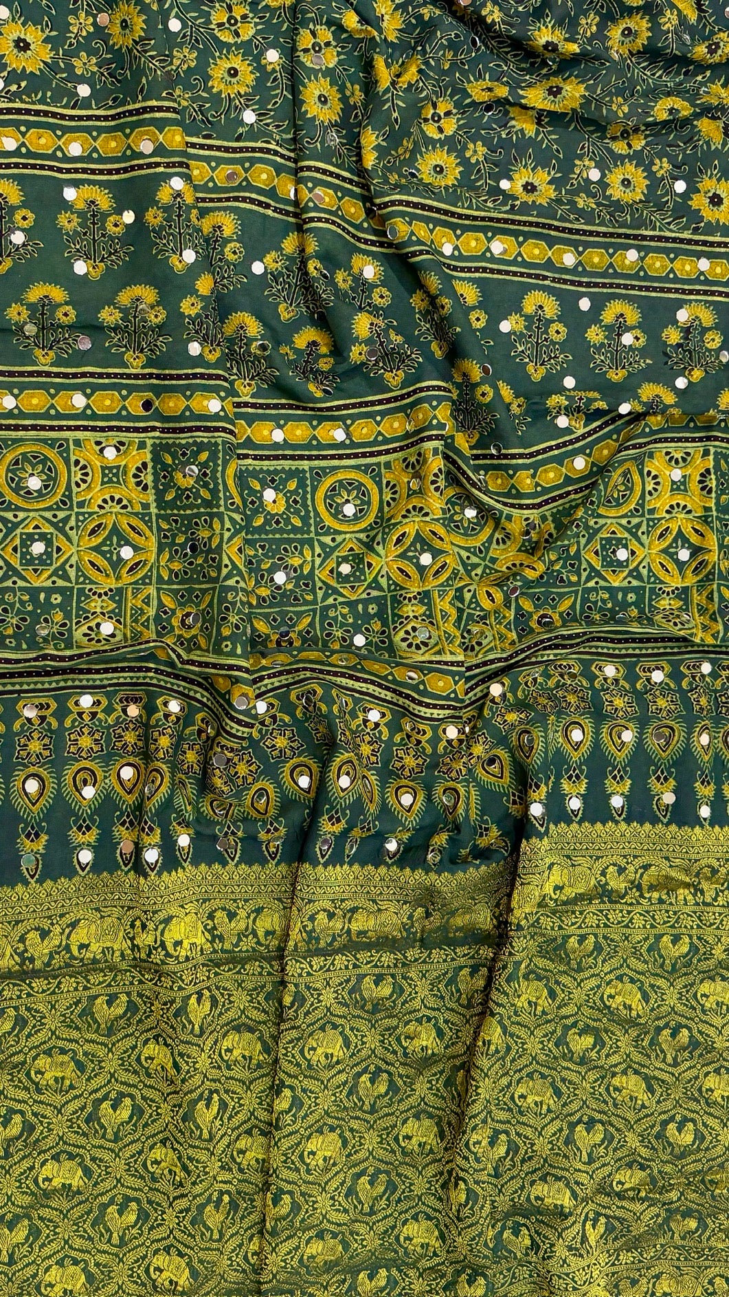 Forest Green & Mustard Pure Dola Silk Ajrakh Saree with Traditional Mirror Handwork