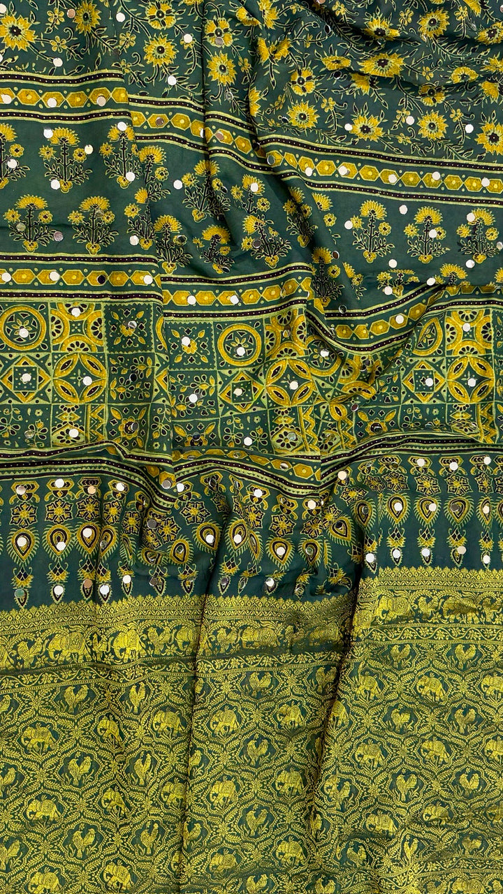 Forest Green & Mustard Pure Dola Silk Ajrakh Saree with Traditional Mirror Handwork