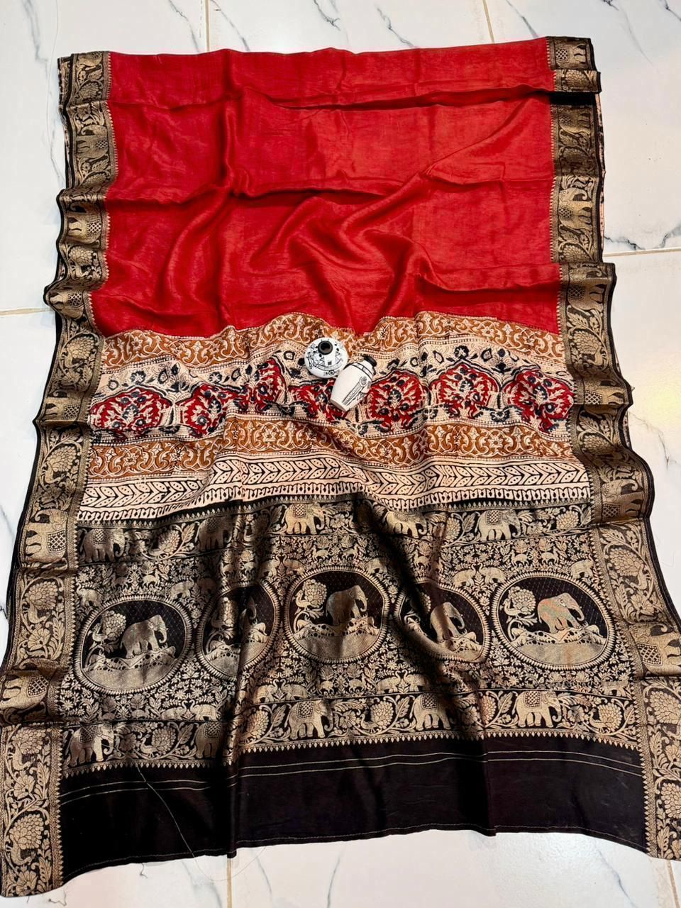 Scarlet Red Dola Silk Saree with Earthy Ajrakh-Style Borders