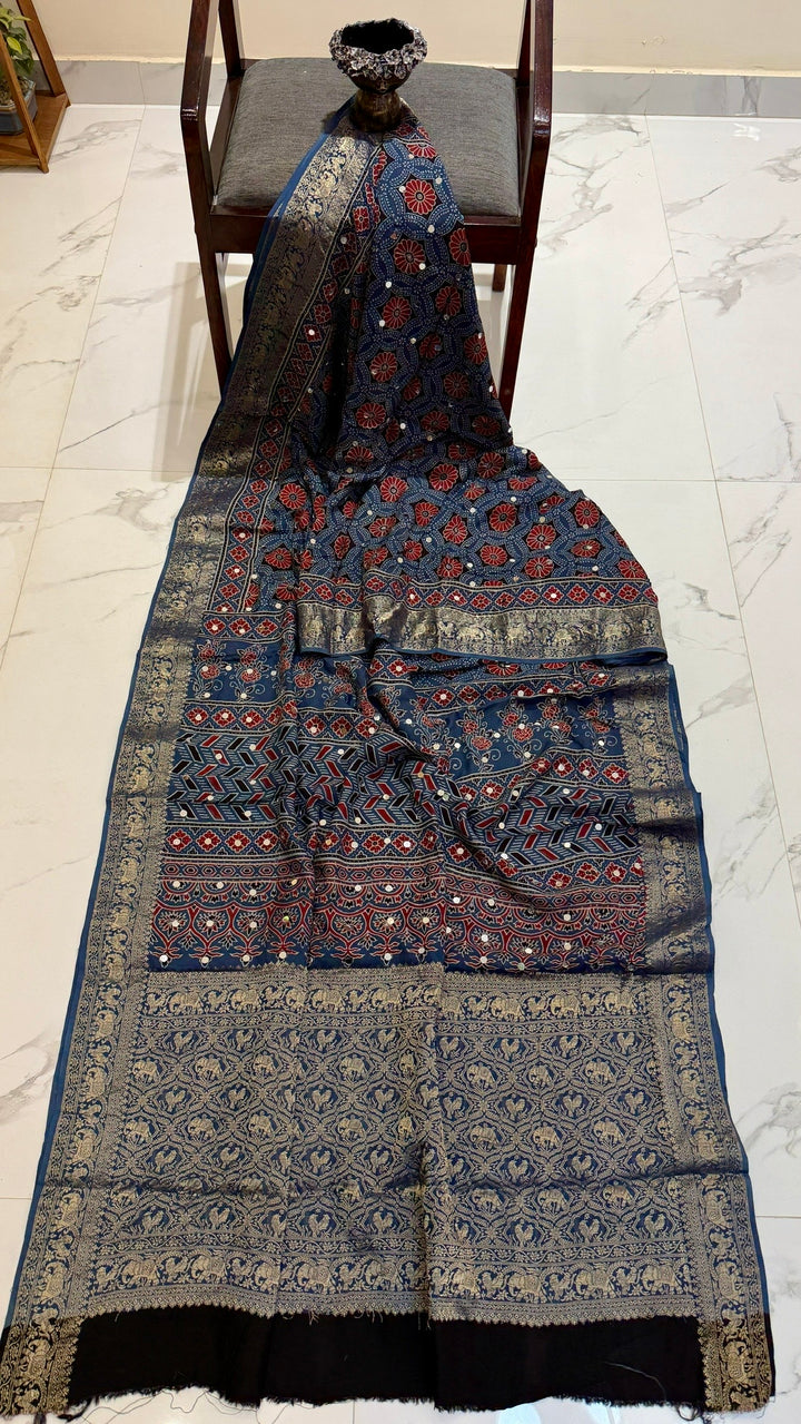 Deep Navy Blue & Rust Pure Dola Silk Ajrakh Saree with Traditional Mirror Handwork