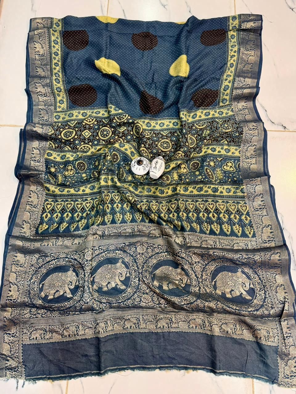 Deep Teal Dola Silk Saree with Polka Dots and Heart-Vine Borders
