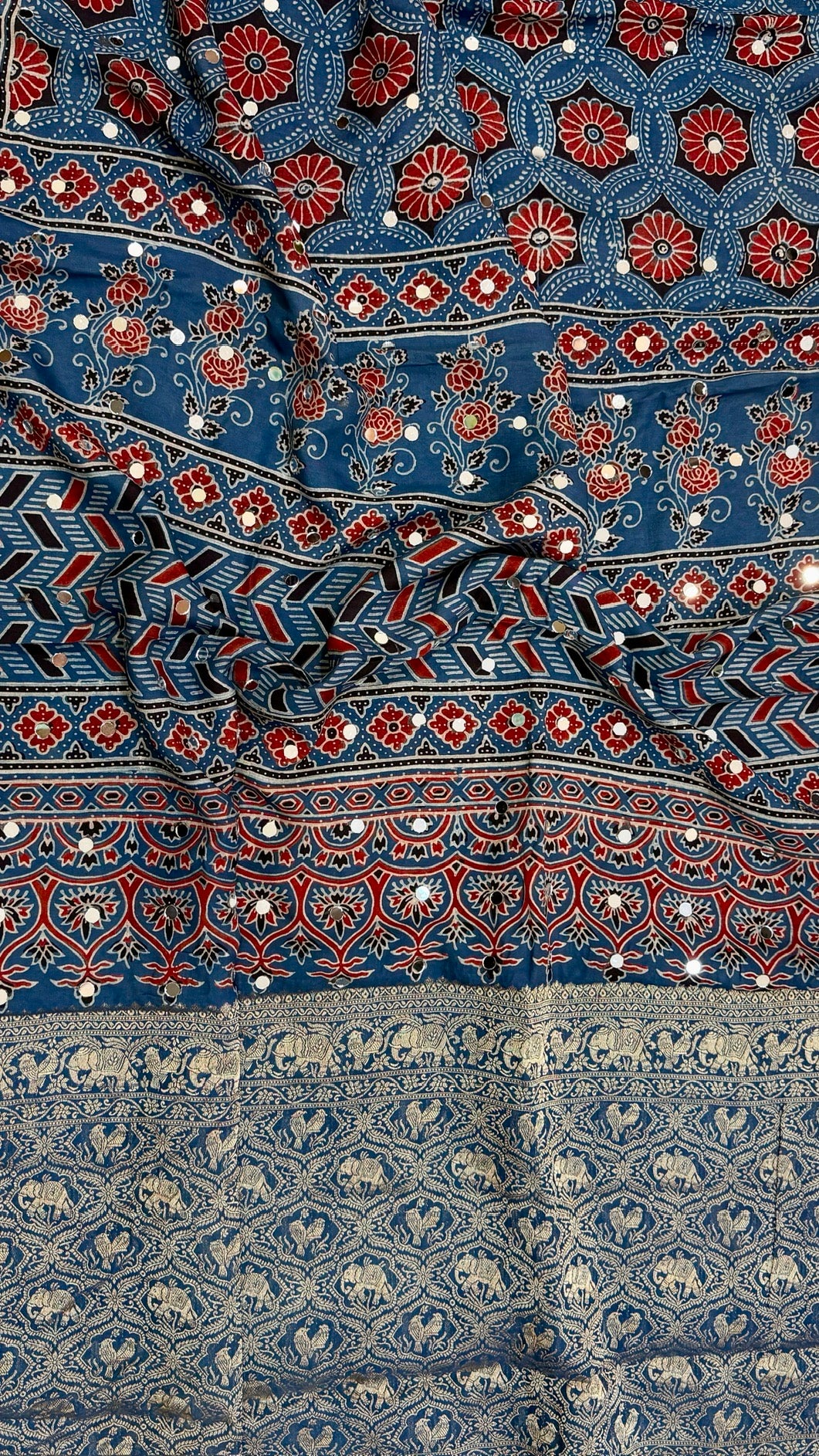 Deep Navy Blue & Rust Pure Dola Silk Ajrakh Saree with Traditional Mirror Handwork