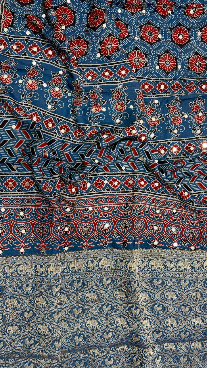Deep Navy Blue & Rust Pure Dola Silk Ajrakh Saree with Traditional Mirror Handwork