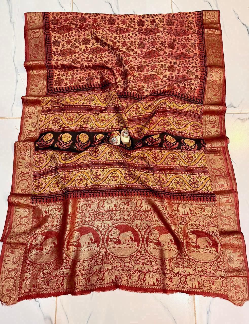 Terracotta Rust Dola Silk Saree with Intricate Floral Jaal