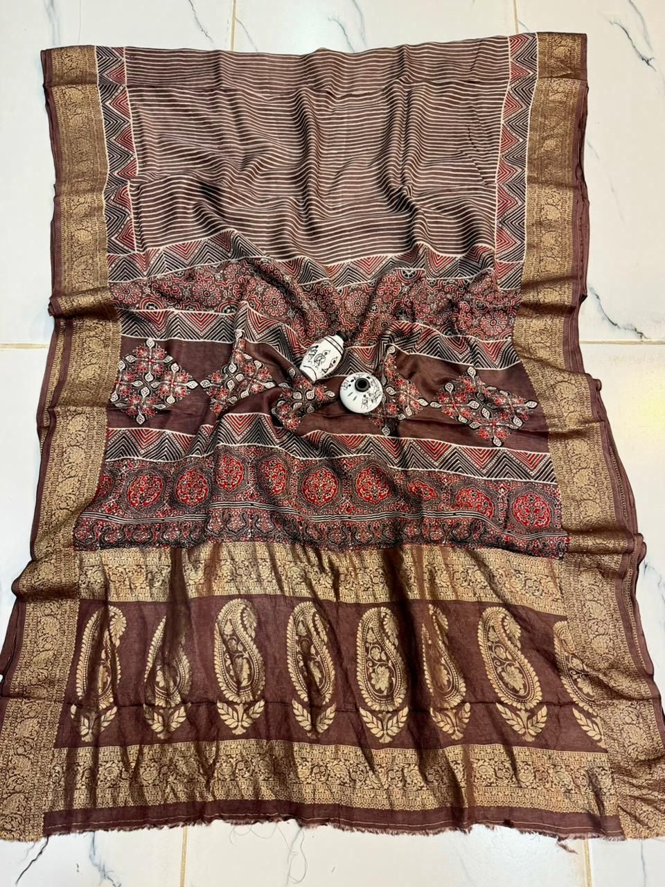 Cocoa Brown Dola Silk Saree with Paisley & Chevron Prints