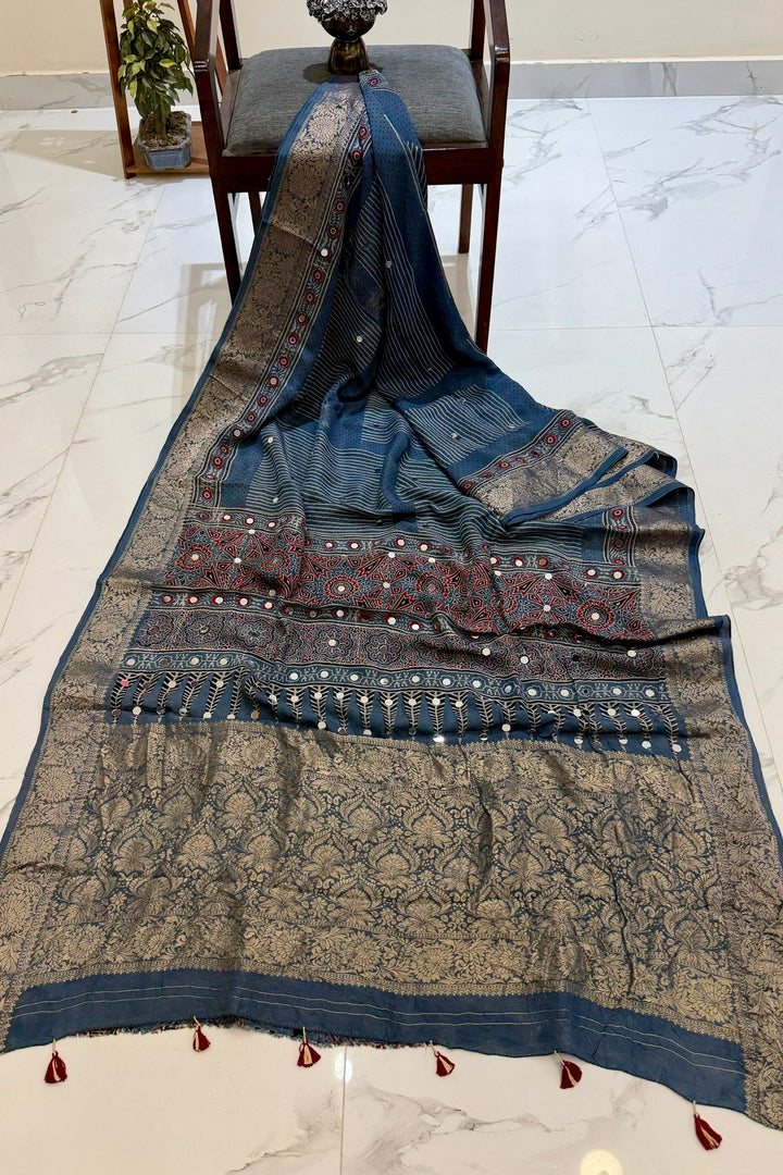 Rich Teal Ajrakh Print Dola Silk Saree | Hand-Embellished Mirrors