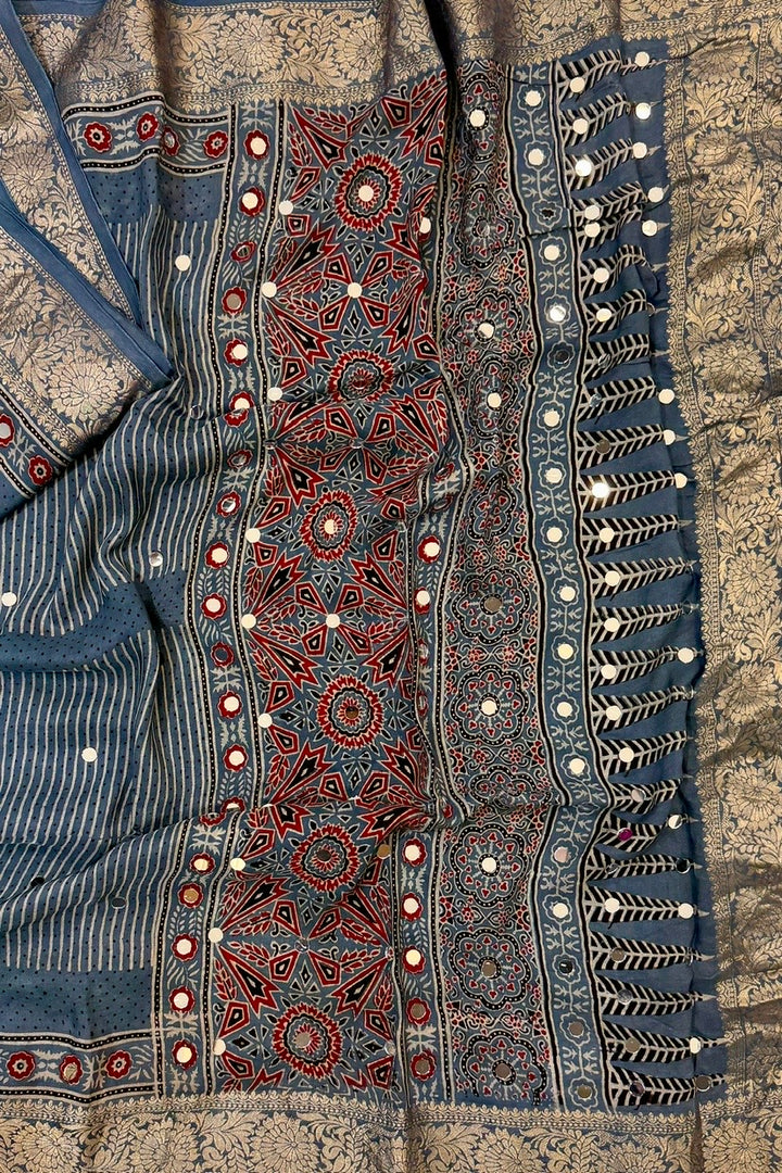 Rich Teal Ajrakh Print Dola Silk Saree | Hand-Embellished Mirrors