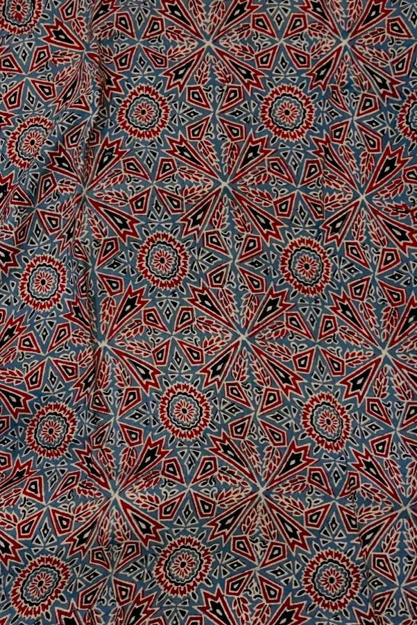 Rich Teal Ajrakh Print Dola Silk Saree | Hand-Embellished Mirrors