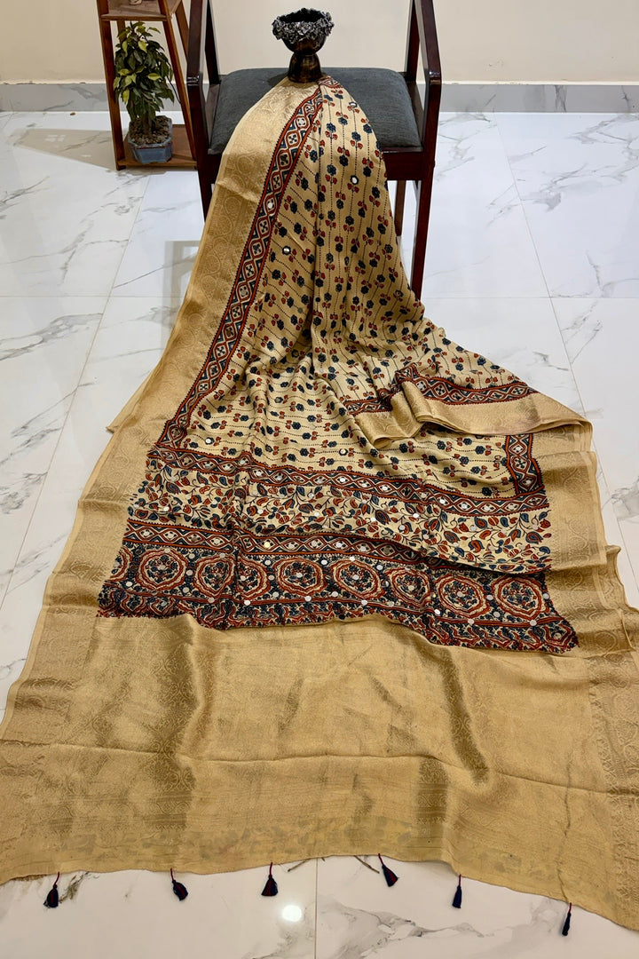 Elegant Beige Ajrakh Dola Silk Saree with Mirror Work & Tassels