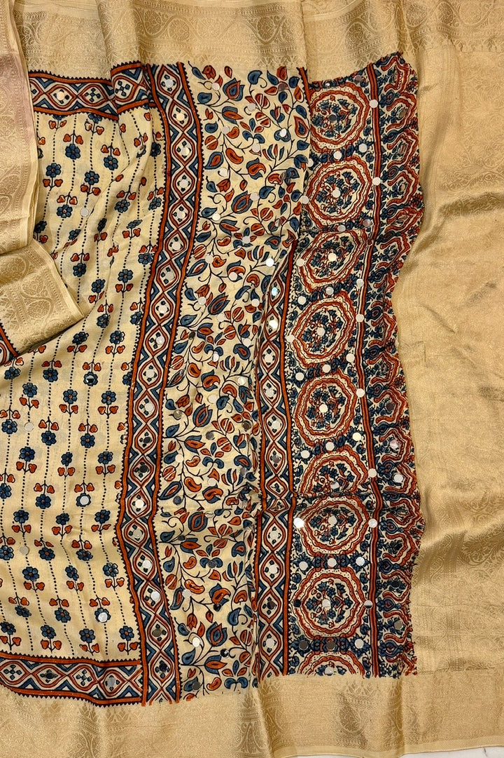 Elegant Beige Ajrakh Dola Silk Saree with Mirror Work & Tassels