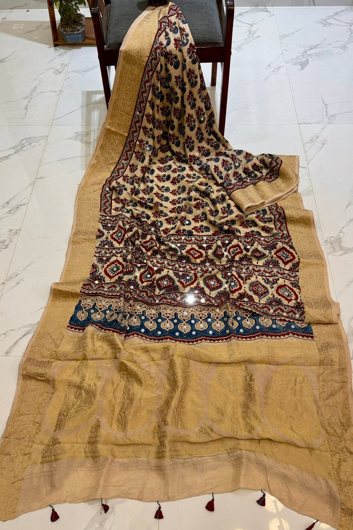 Classic Beige & Maroon Ajrakh Dola Silk Saree | Mirror Hand-Embroidery