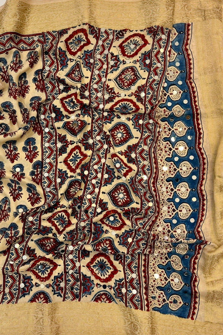 Classic Beige & Maroon Ajrakh Dola Silk Saree | Mirror Hand-Embroidery