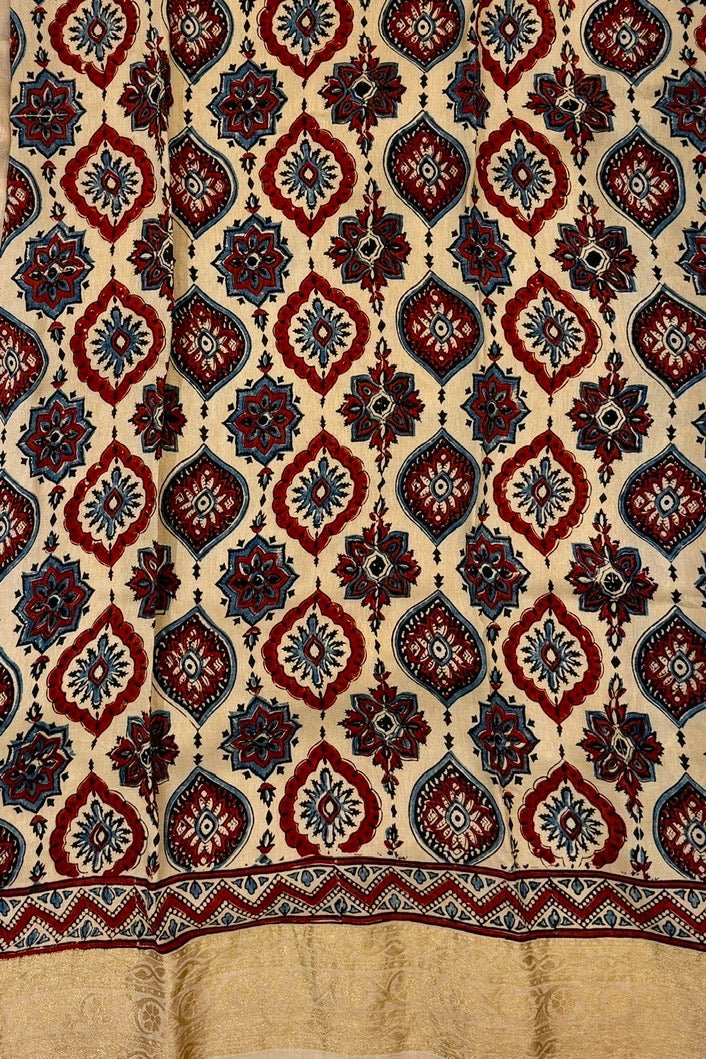 Classic Beige & Maroon Ajrakh Dola Silk Saree | Mirror Hand-Embroidery