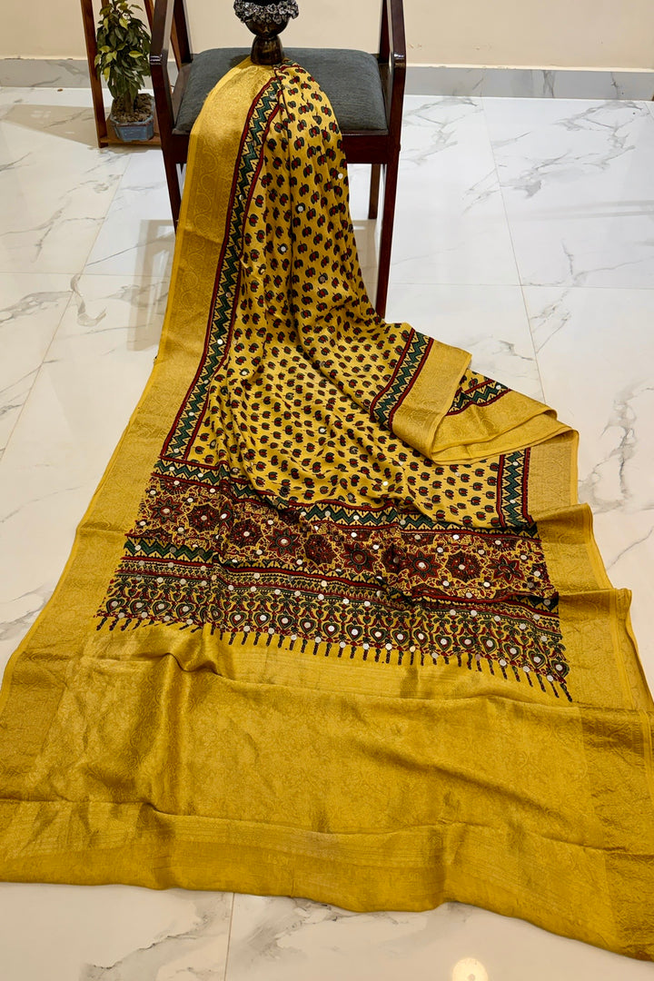 Vibrant Mustard Yellow Ajrakh Dola Silk Saree with Sparkling Mirrors