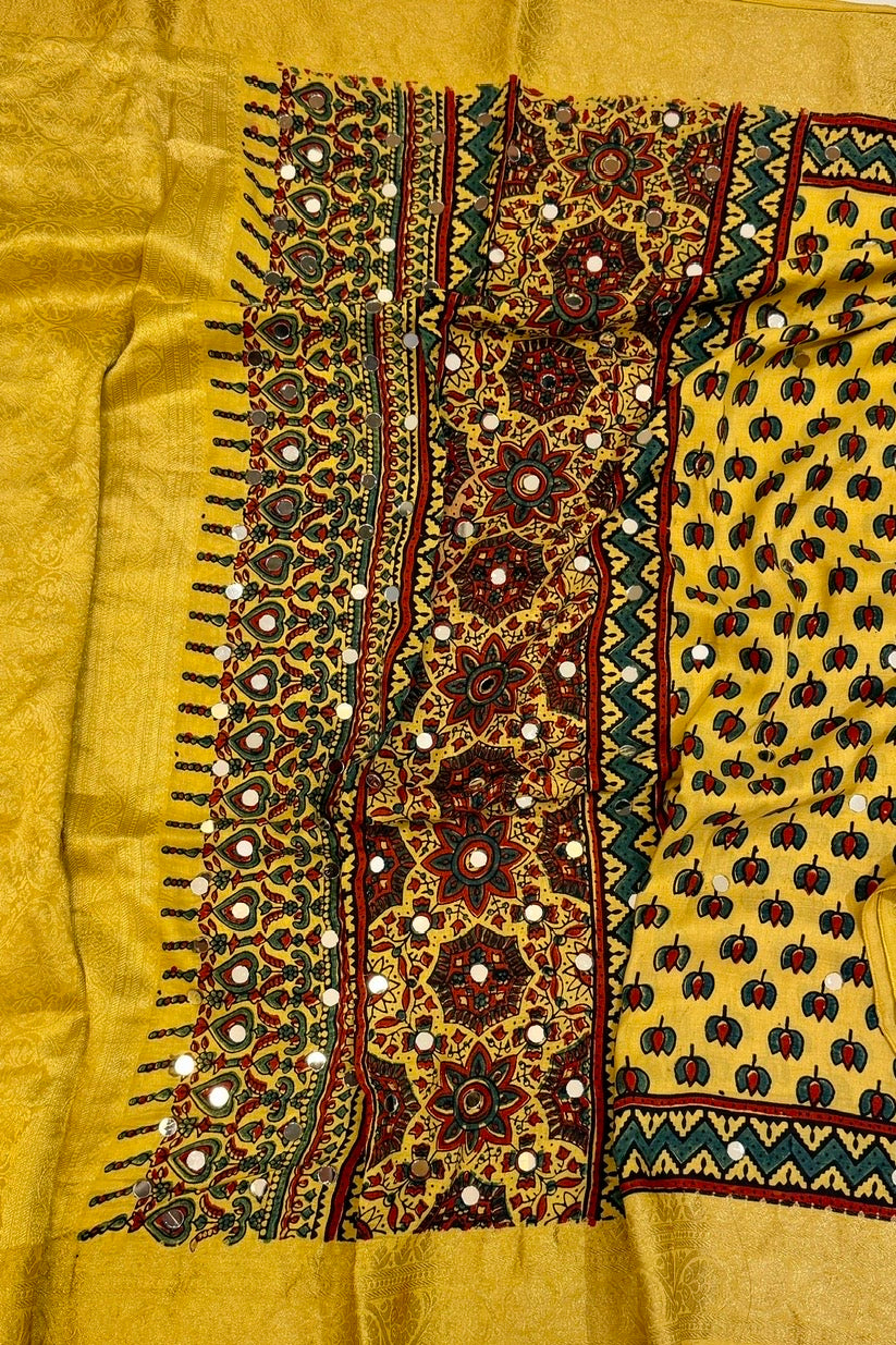 Vibrant Mustard Yellow Ajrakh Dola Silk Saree with Sparkling Mirrors