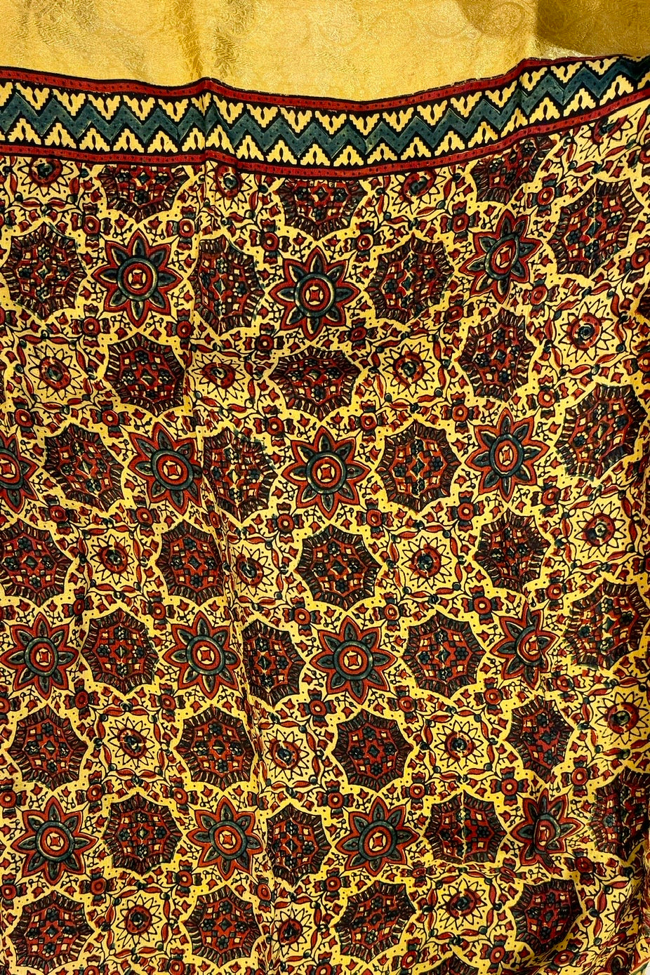 Vibrant Mustard Yellow Ajrakh Dola Silk Saree with Sparkling Mirrors