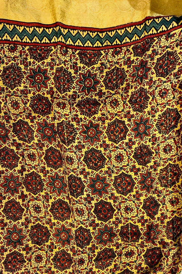 Vibrant Mustard Yellow Ajrakh Dola Silk Saree with Sparkling Mirrors