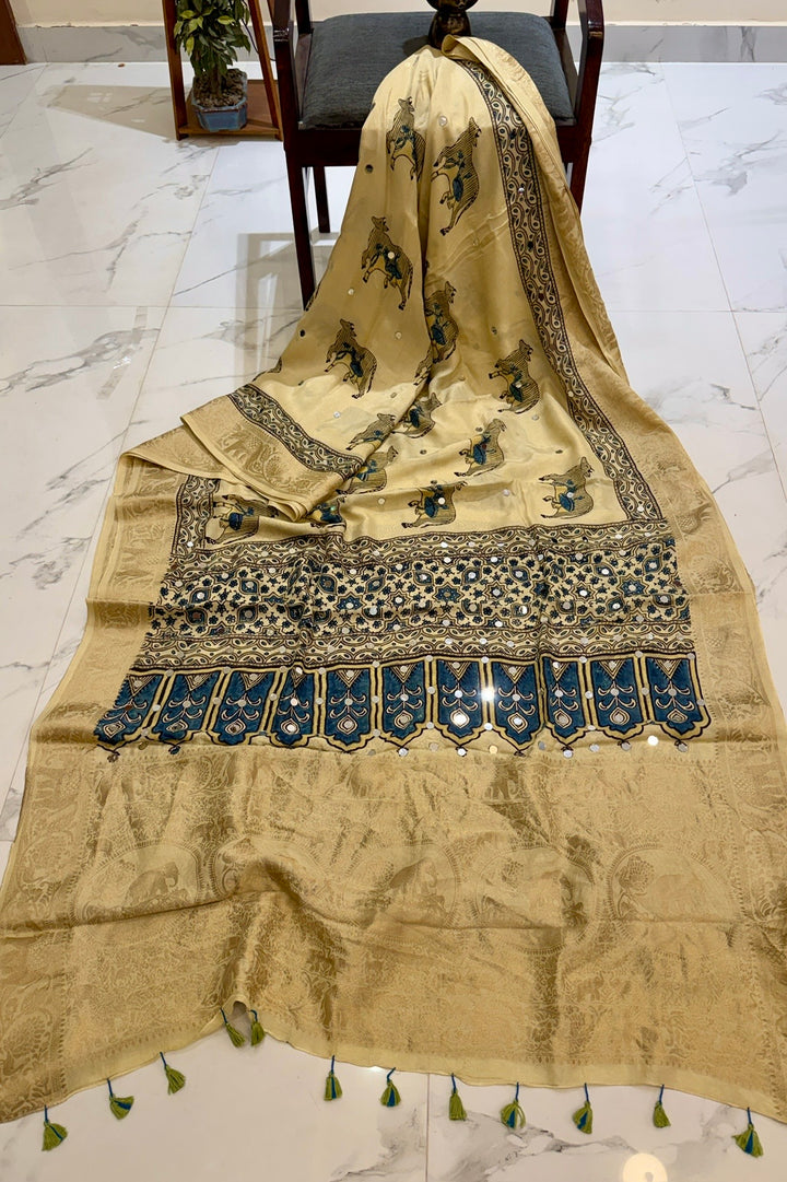 Off-White Dola Silk Ajrakh Saree with Kamdhenu Cow Prints & Mirrors