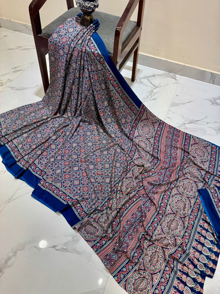 Pure Modal Silk Ajrakh Handblock Printed Saree in Indigo Blue