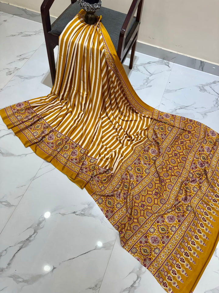 Traditional Mustard Yellow & White Striped Handblock Printed Silk Saree
