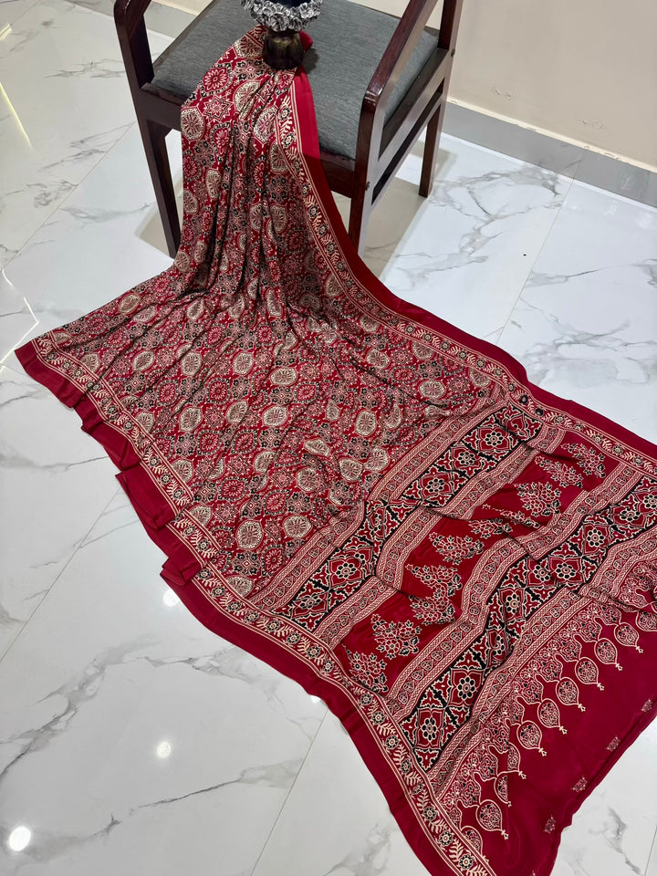 Classic Crimson Red Ajrakh Handblock Printed Saree with Floral Borders