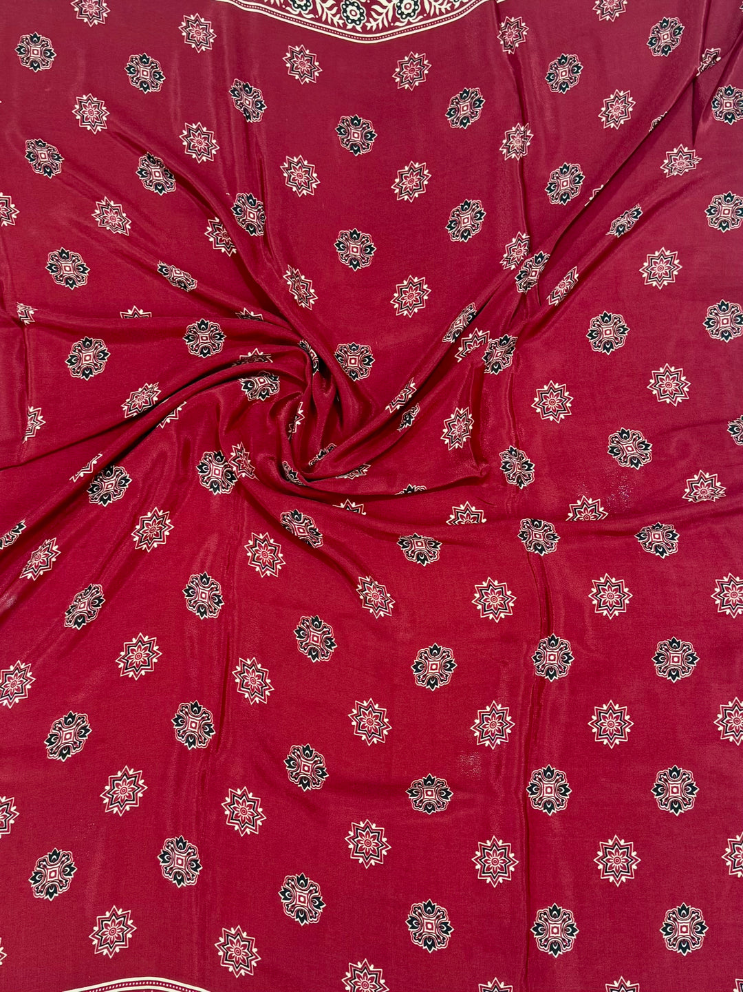 Classic Crimson Red Ajrakh Handblock Printed Saree with Floral Borders