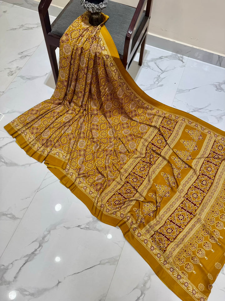 Earthy Ochre Yellow Handblock Printed Saree with Traditional Boota Work