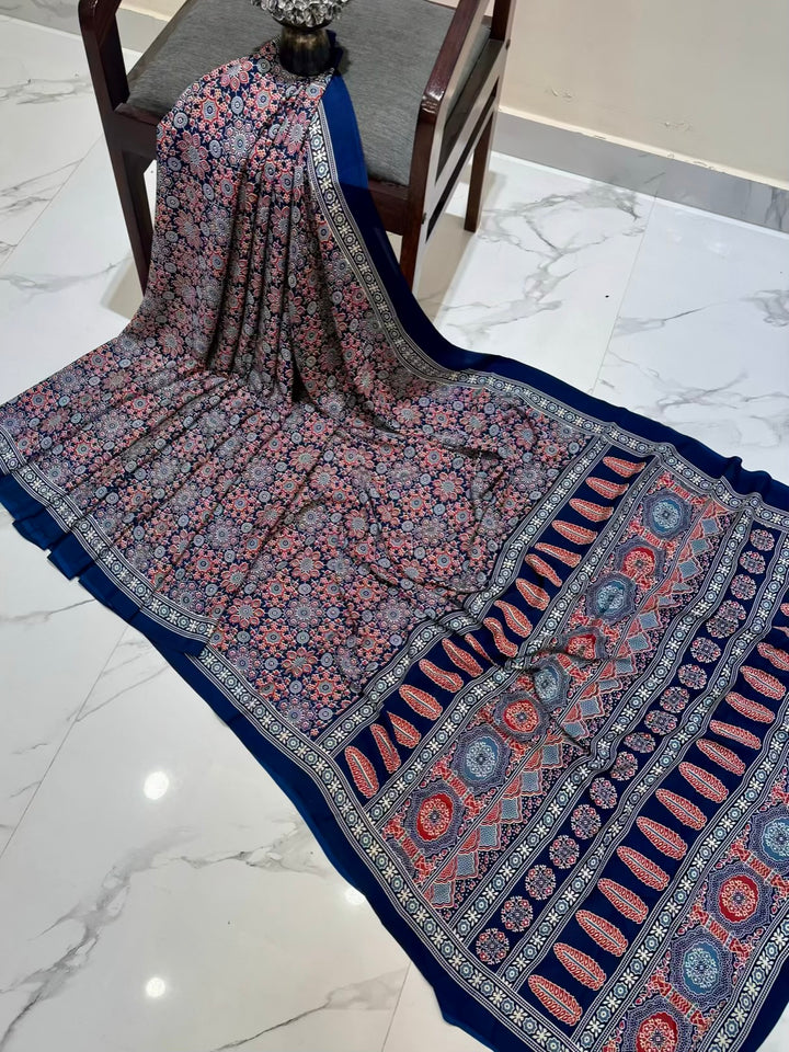 Royal Blue Pure Silk Ajrakh Saree with Geometric Handblock Patterns