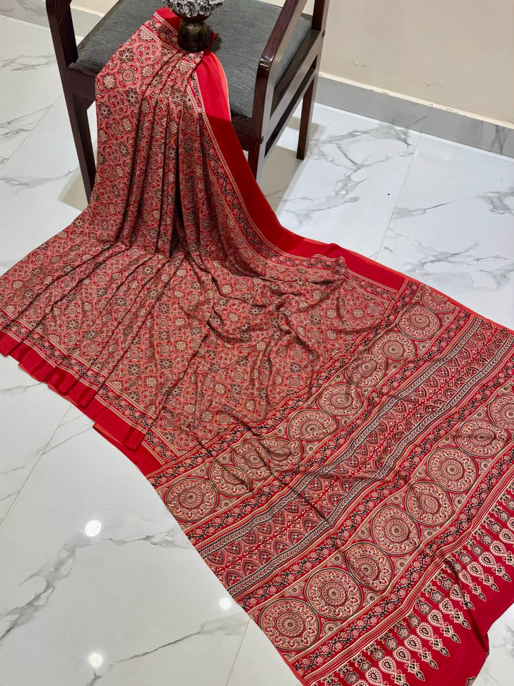Vibrant Tomato Red Modal Silk Saree with Circular Ajrakh Motifs
