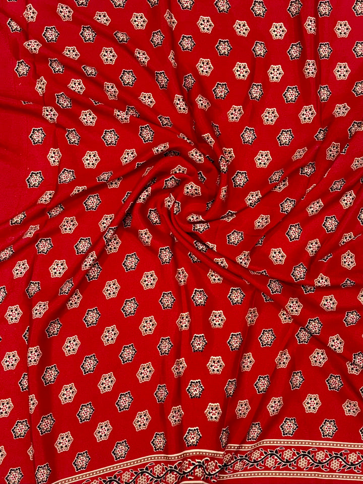Vibrant Tomato Red Modal Silk Saree with Circular Ajrakh Motifs