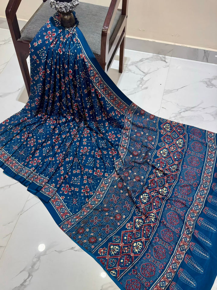 Teal Blue Handblock Printed Saree with Unique Bandhani-Style Ajrakh