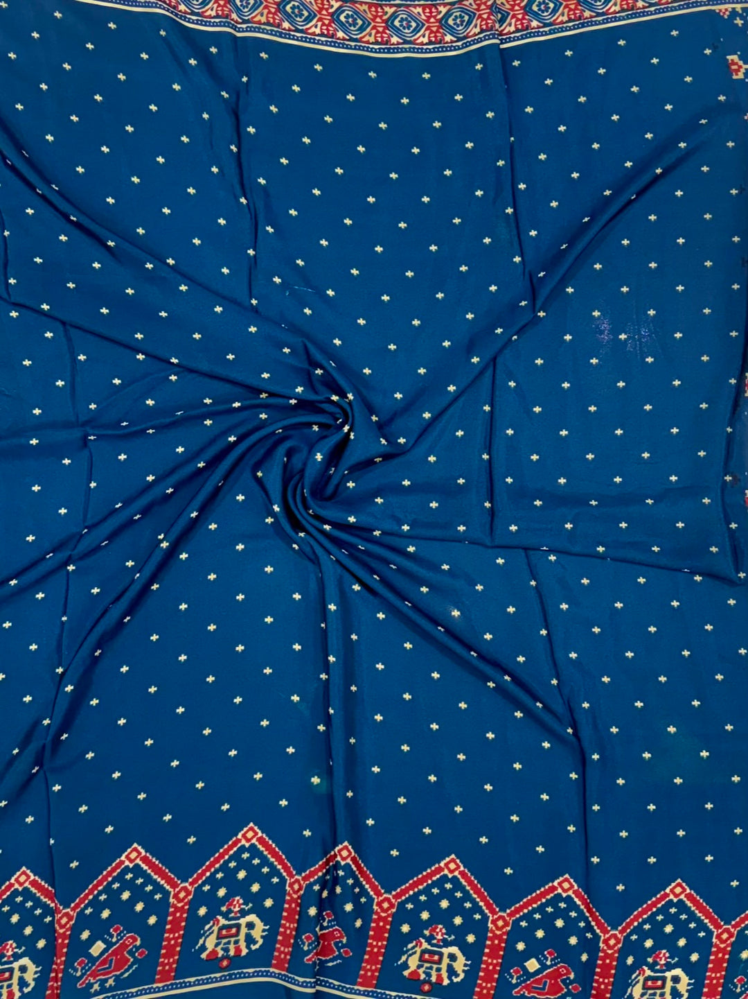 Teal Blue Handblock Printed Saree with Unique Bandhani-Style Ajrakh