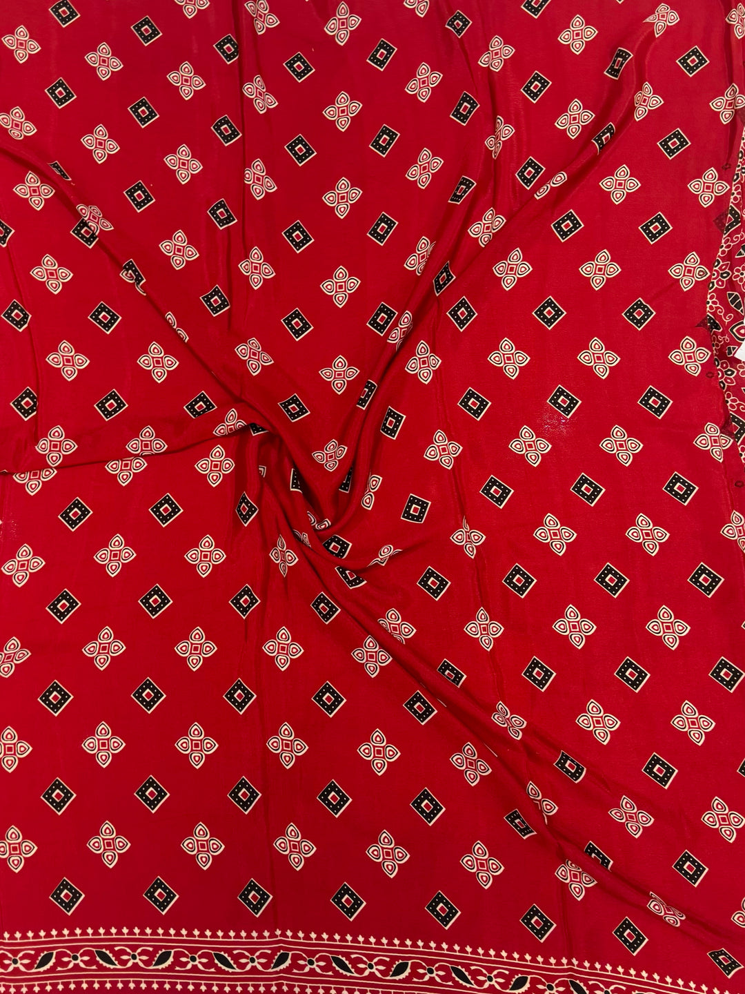 Ruby Red Artisan-Made Ajrakh Saree with Elegant Paisley Border