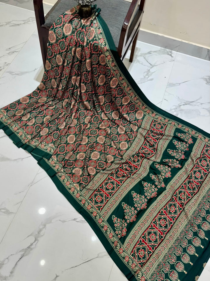 Emerald Green Pure Modal Silk Ajrakh Saree with Traditional Handblocks