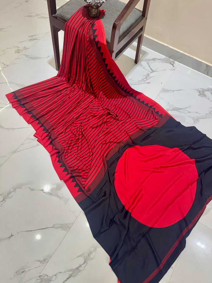 Modern Red and Black Pure Silk Saree with Geometric Stripes and Temple Border
