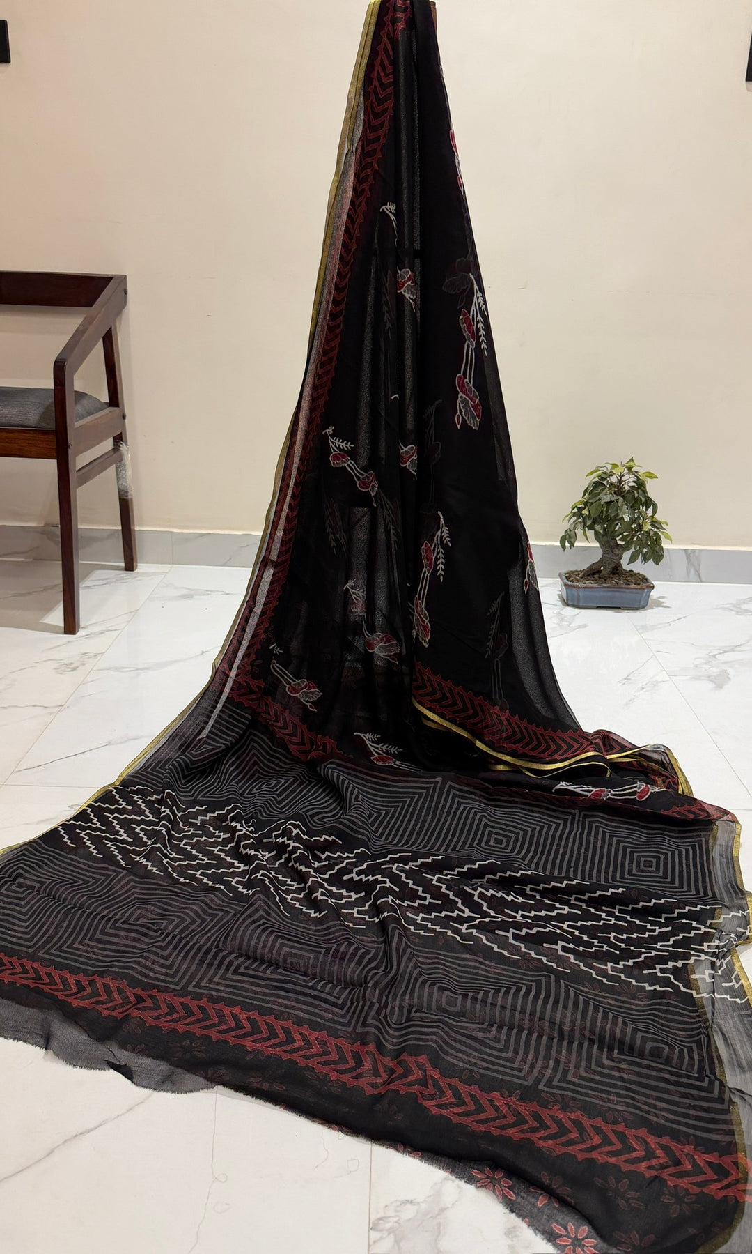 ure Double Diamond Chiffon Saree in Black with Geometric Zig-Zag & Floral Handblock Prints