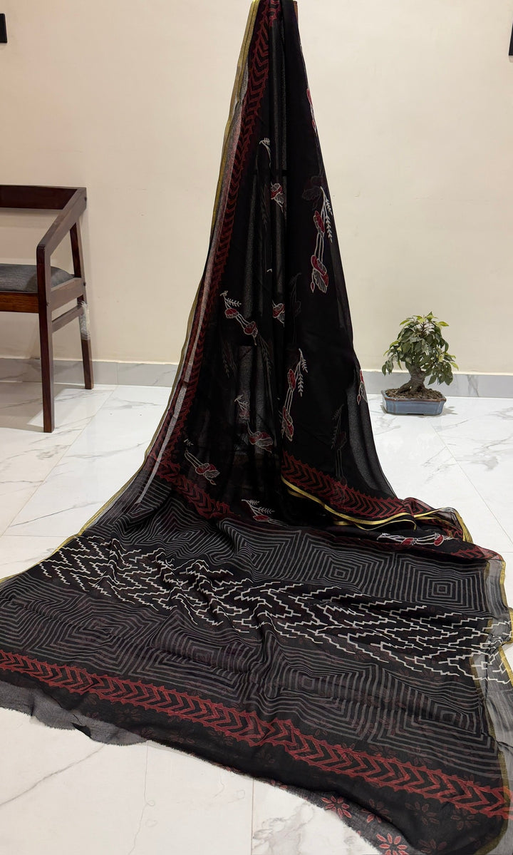 ure Double Diamond Chiffon Saree in Black with Geometric Zig-Zag & Floral Handblock Prints