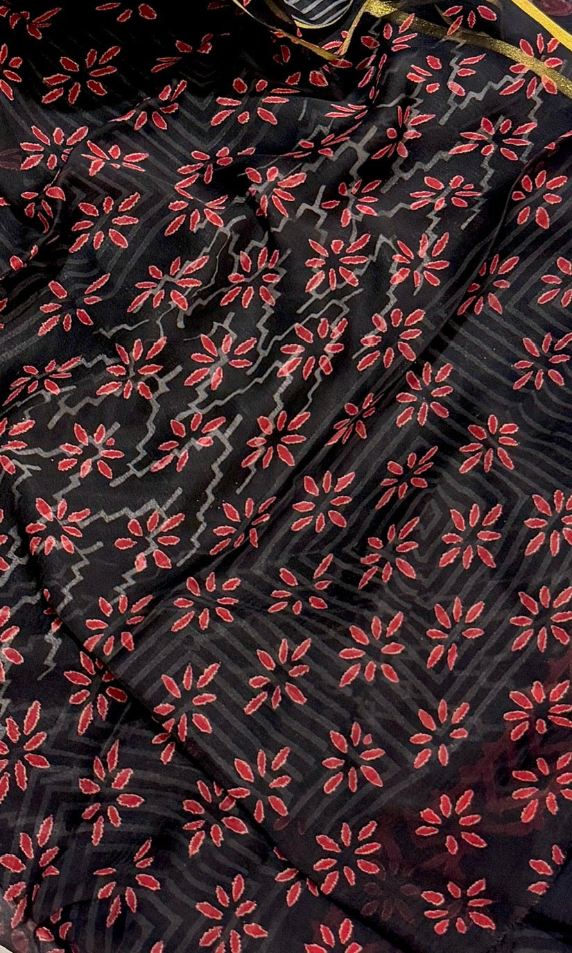 ure Double Diamond Chiffon Saree in Black with Geometric Zig-Zag & Floral Handblock Prints