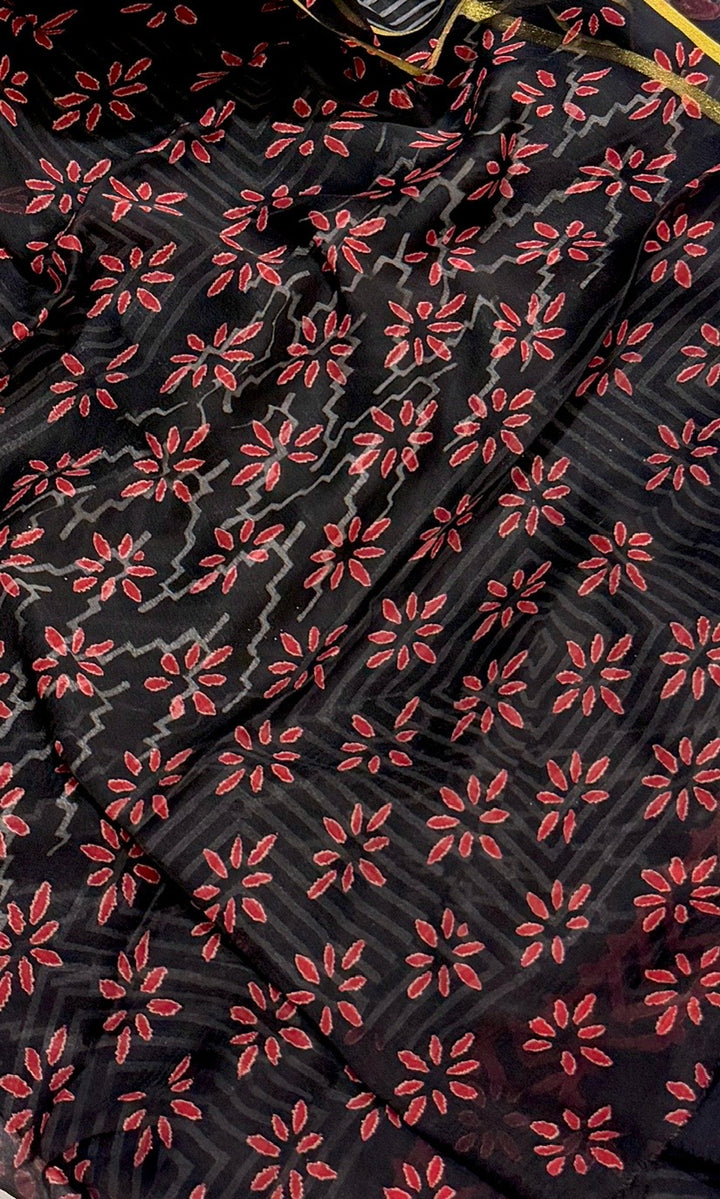 ure Double Diamond Chiffon Saree in Black with Geometric Zig-Zag & Floral Handblock Prints