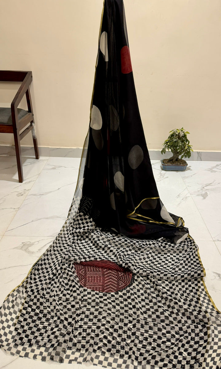 Contemporary Black Double Diamond Saree with Bold Polka Dots and Checkered Pattern Pallu