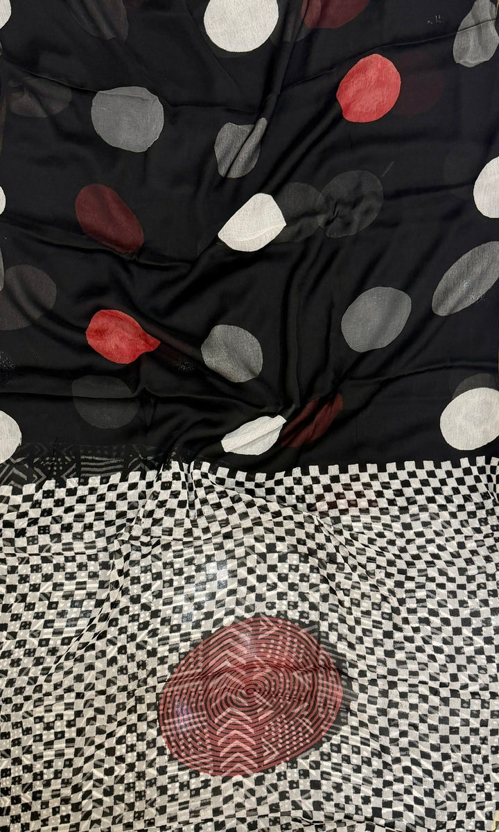 Contemporary Black Double Diamond Saree with Bold Polka Dots and Checkered Pattern Pallu