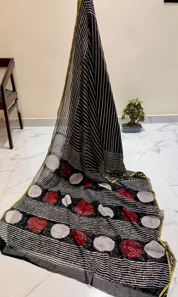 Modern Black & White Striped Double Diamond Saree with Abstract Red and White Circular Motifs